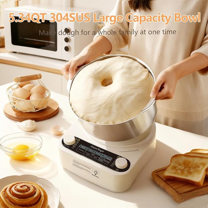 Electric Dough Maker with Ferment Function, 5.34QT Dough Mixer Machine, Household Flour Kneading Machine for Baking Bread Pizza Dough, Open Top Design, 304 Stainless Steel, White