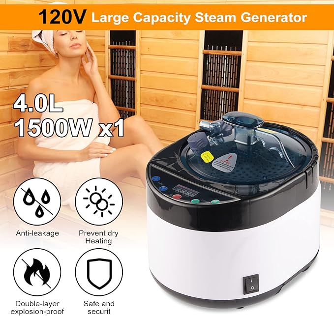 4L Large Capacity Home Sauna Steamer, Portable Steam Generator with Protection for Home Spa, Lightweight Stainless Steel Pot with Timer&Gear Display for Relaxation, with Remote Control