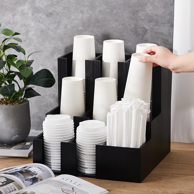Wooden Vertical Coffee cup and lid dispenser, coffee condiment organizer, 9 Compartment for Disposable Paper & Plastic Cup, for cabinet Station Home Countertop Bar 13''l x 13''w x 12''h