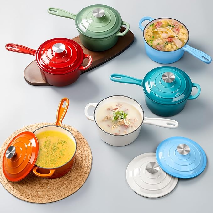 Enameled Cast Iron Sauce Pan with Lid, Leonyo 1 Quart Saucepan with Lid, Enamel Cast Iron Dutch Oven Kitchen Cookware for All Cooktops Cooking Soup, Milk - Up to 500°F & 4.4Lbs, Pistachio Green