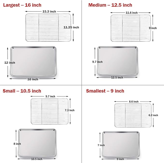 P&P CHEF 16 + 12.5 + 10.4 + 9 Inch Baking Sheet and Rack Set, 8Pcs Stainless Steel Cookie Sheets Oven Baking Pans Trays with Cooling Racks for Cooking, Oven & Dishwasher Safe, Pans with Wire Racks