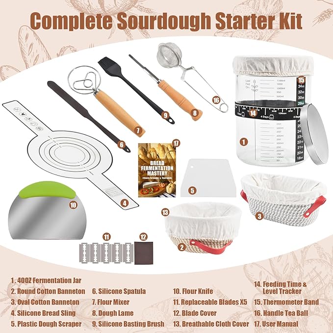 Sourdough Starter Kit, Sourdough Bread Baking Supplies with 40oz Jar, 10" & 11" Cotton Banneton Proofing Baskets Set - Artisan Bread Tools, Silicone Sling for Homemade Sourdough Baking