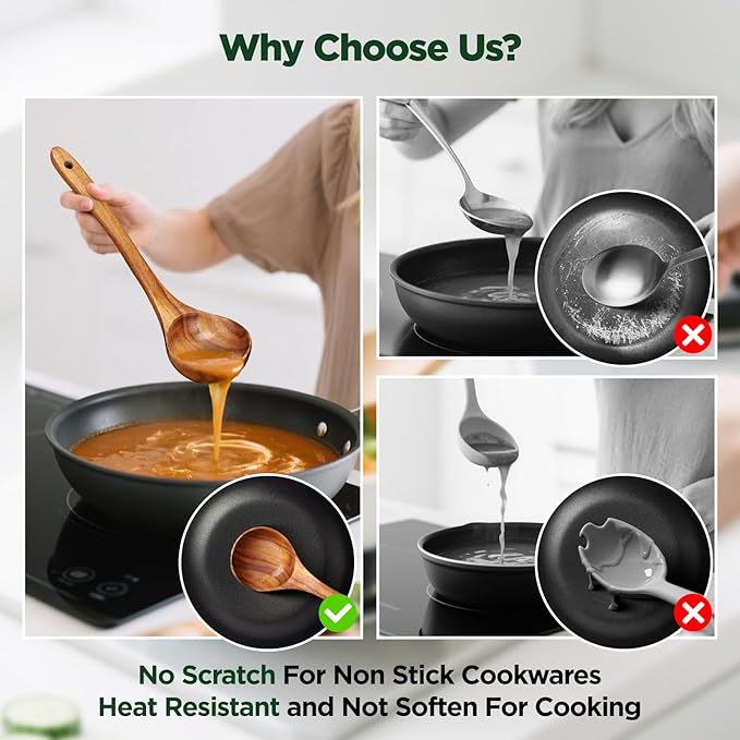 ANBUY Wooden Spoons for Cooking, 6 Pcs Teak Wood Kitchen Utensil Set with Spoon Rest, Ladle Salad Skimmer Spoon for Mixing Serving, Heat-Resistant Cooking Utensil, Gentle for Non Stick Cookware