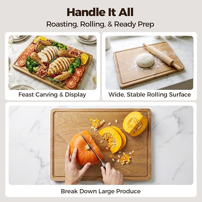 Acacia Wood Cutting Board for Kitchen - 17"x12" Large Chopping Board with Juice Grooves & Handles, 1" Thick FSC Certified Butcher Block Cutting Board for Meat and Veggies, Ideal Gift