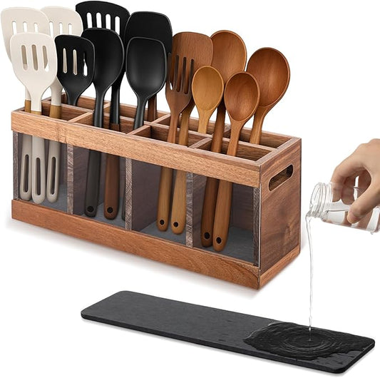 8 Compartments Large Kitchen Utensil Holder Organizer for Counter or Countertop with Absorbing Stone, Extra Large Acacia Rustic Wood Utensil Holder for Storage Cooking and Silverware