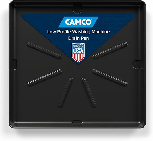 Camco Low Profile Washing Machine Drain Pan with PVC Fitting - 29 inch x 33 inch ID and 30.5 inch x 34.5 inch OD - Protects Your Floors from Washing Machine Leaks - Easy to Use - Graphite - 20784