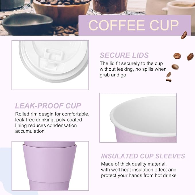 Patelai 48 Pcs 12 oz Disposable Coffee Cups with Lids and Sleeves Bulk, Insulated Hot Chocolate Paper Cup for Hot and Cold Beverage Water Juice Cocoa Party Restaurants Supplies (Macaron Purple)