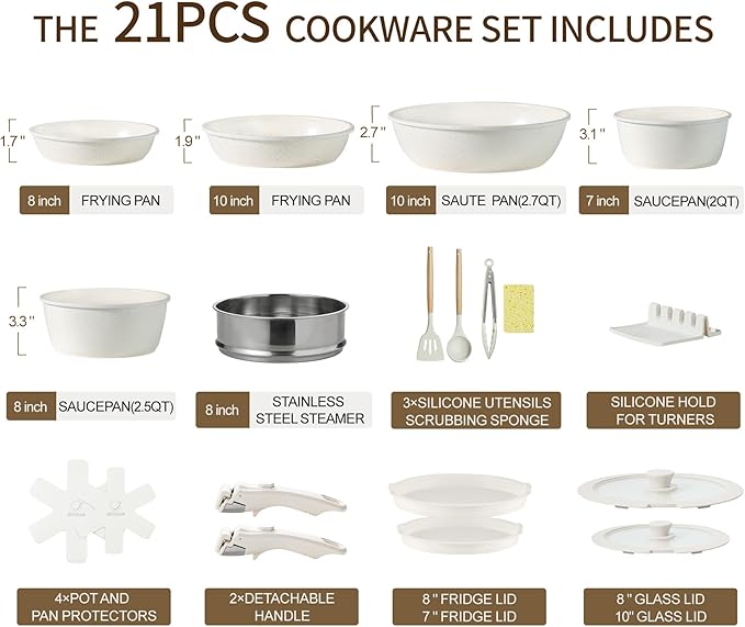 21PCS Pots and Pans Set Ceramic, Pots and Pans Set Non Stick, Removable Handle, Stackable, Nonstick Cookware Set, Non Stick for Cooking