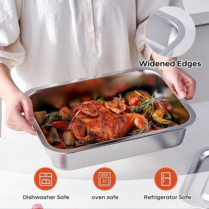 4-Piece 4 Inch Extra Deep Lasagna Baking Pan with Lid, 11x14 Inch 7.4QT Large Stainless Steel Nonstick Lasagna Baking Roasting Pans Casserole Dishes for Oven with Lids(M, 2 Pack)
