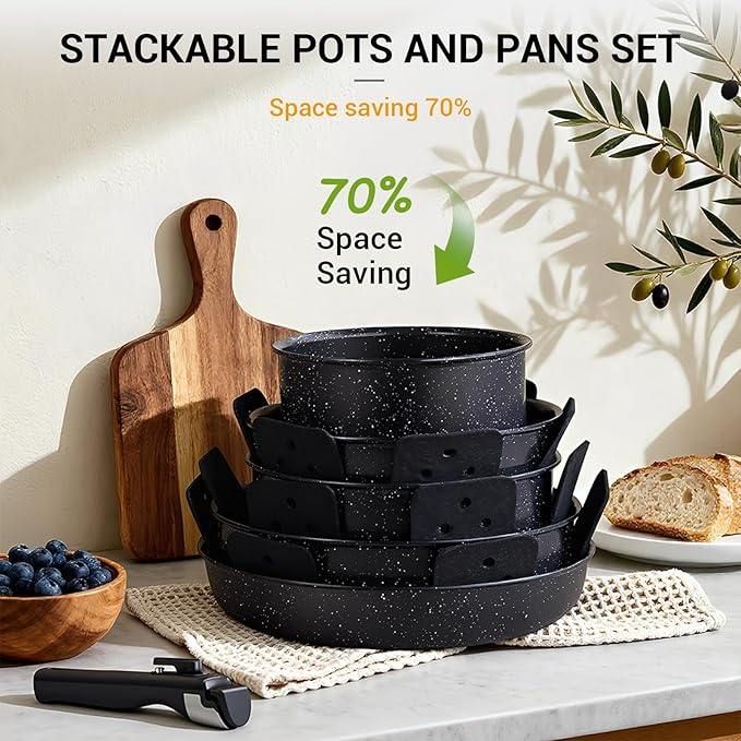 Ammeloo 21 Pcs Pots and Pans Set Non Stick, Ceramic Kitchen Cookware Set with Detachable Handle, Non Toxic Cooking Set for Kitchen, RV, Camping and Fridge, Induction Ready, Dishwasher/Oven Safe, Black