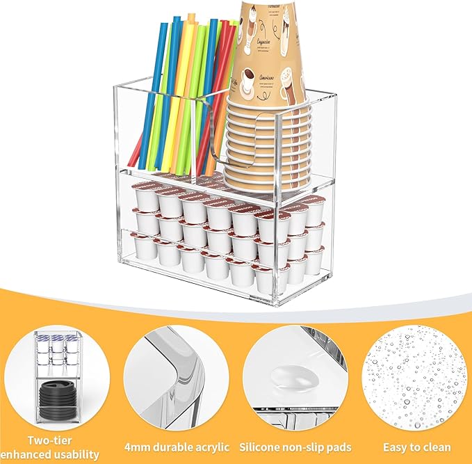 Coffee Condiment and Cup Organizer - 2-Tier Upright Cup and Lid Holder with Straw Organizer 3 Compartments Clear Acrylic Cup Dispenser for Restaurant Breakroom Coffee Station Countertop