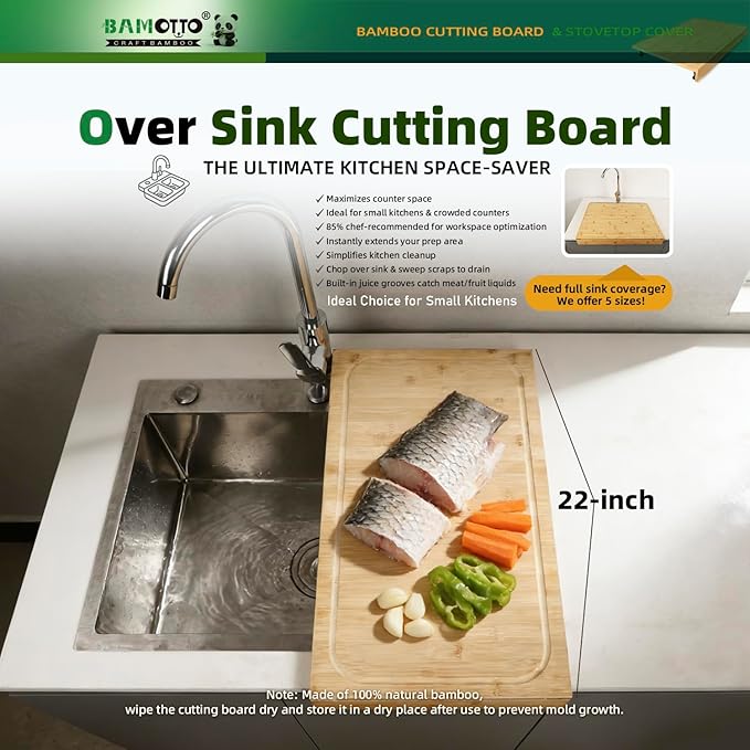 12.6 x 22 Inch Bamboo Cutting Board, Over-the-Sink and Stovetop Cover Board with Detachable Legs & Front Lip, Space Saving Countertop Board