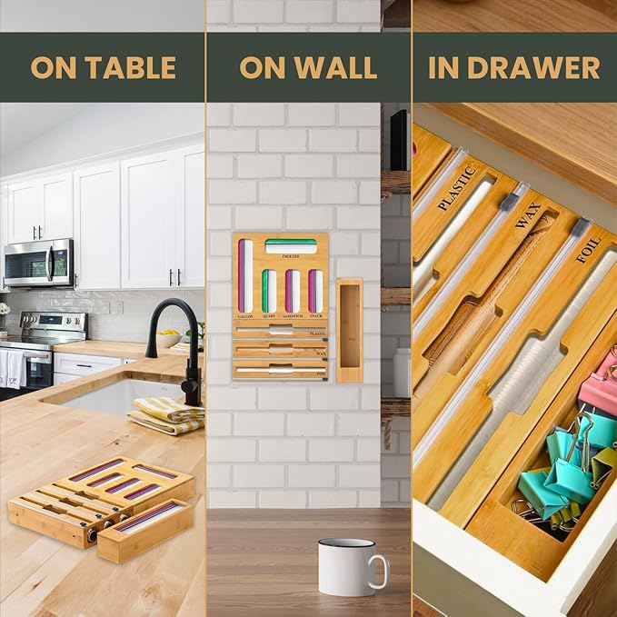 9-in-1 Bamboo Kitchen Drawer Organizer with Cutter – Storage Box for Foil, Plastic Wrap, and Bag Dispenser Compatible with Gallon, Quart, Sandwich & Snack Sizes