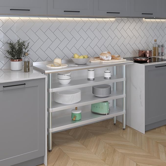 AmGood Stainless Steel Work Table with 1.5" Backsplash and 3 Shelves | Metal Kitchen Food Prep Table | NSF (48" Long x 14" Deep)