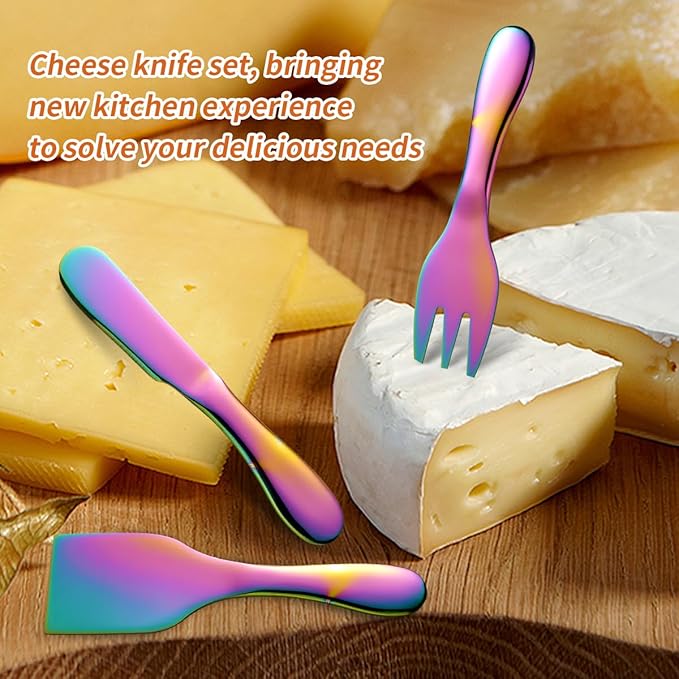Rainbow Cheese Knives Set Stainless Steel Kitchenware Gadgets 7 Pieces include Colorful UtensilsCheese Knife,Cheese Spreader,Color Cheese Forks, Cheese Slicer,Cheese Cutter, Butter Knife