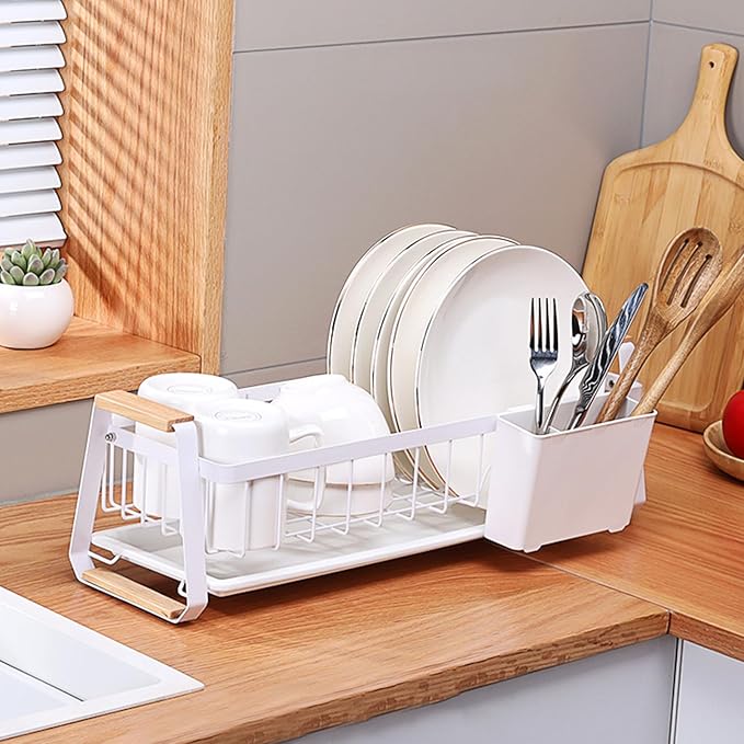 Dish Rack, Over Sink Metal and Wood Dish Drainer with Detachable Drip Tray and Utensil Holder, Space Saving Kitchen Organizer for Countertop (White)