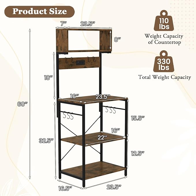 POWERSTONE 2 Kitchen Bakers Rack with Power Outlet, 5-Tier Coffee Bar Cabinet Microwave Stand with 10 S Hooks, Organizers and Storage for Kitchen, Living Room, Balcony & Office