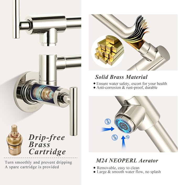 WOWOW Pot Filler Faucet Polished Nickel, Solid Brass Pot Filler Wall Mount Kitchen Stove Faucet with Double Joint Swing Arms
