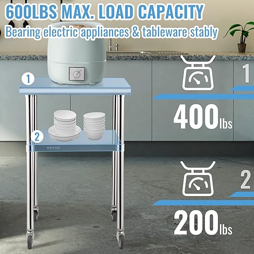 VEVOR Stainless Steel Prep Table, 24 x 24 x 33.5 Inch, 600lbs Load Capacity Heavy Duty Metal Worktable with Adjustable Undershelf & Universal Wheels, Commercial Workstation for Kitchen Garage Backyard