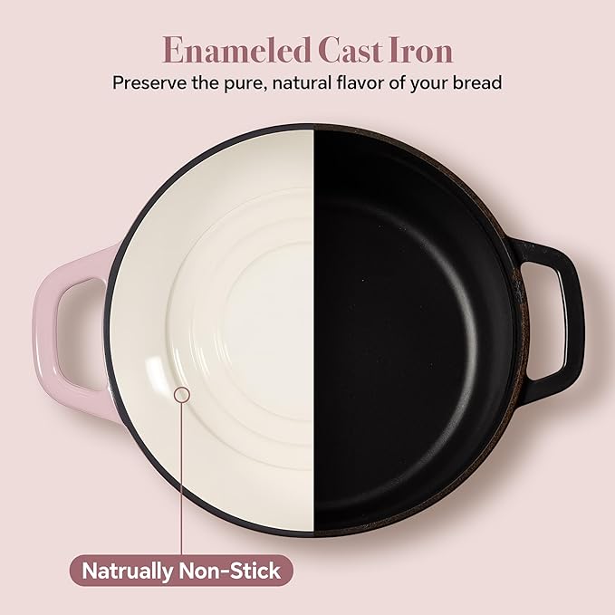 4.5 QT Dutch Oven for Bread Baking, Cast Iron Bread Oven for Sourdough, Enamelled Bread Dutch Oven with Lid, Heavy-Duty Non Stick Bread Pot, Pink