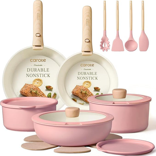 CAROTE Pots and Pans Set, Nonstick Cookware Set Detachable Handle, 19pcs Induction Kitchen Cookware Sets Non Stick with Removable Handle, RV Cookware Set, Oven Safe, Pink