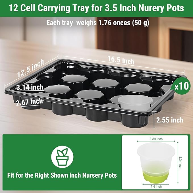Sckee 12 Cell Round Nursery Pots Trays, Flower Pot Moving Tray, Nursery Pot Tray Plastic Planting Pot Carrying Trays for Moving Nursery Pot (16.5"×12.5"×2.5", 10PCS for 3.5'' Pots)