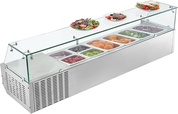 VEVOR Refrigerated Condiment Prep Station, 130 W Countertop Refrigerated Condiment Station, with Four 1/3 Pans & Four 1/6 Pans, 304 Stainless Body and PC Lid, Sandwich Prep Table with Glass Guard