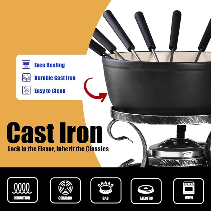Artestia Cast Iron Fondue Pot Set for Cheese & Chocolate, Fondue Set for 6 with Burner & 6 Forks, Swiss Fondue Pot for Party, Family & Gift, Black