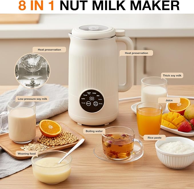 8-IN-1 Nut Milk Maker, 40 oz Soy milk Machine Maker Homemade Almond Oat Coconut Plant Based and Dairy Free Beverages, Countertop Blender With Delay Start/Keep Warm/Boil Water/Self-Cleaning