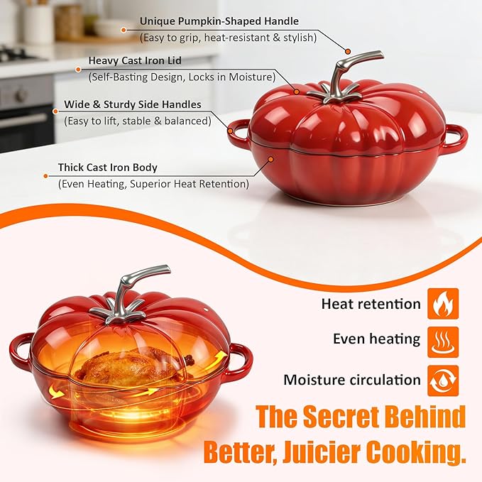 5 Qt Enameled Cast Iron Pumpkin Dutch Oven with Lid, Heavy Duty Pumpkin Pot for Bread Baking, Braising & Soups, 550°F Oven Safe Cookware Set, Superior Heat Retention, Includes Silicone Tools