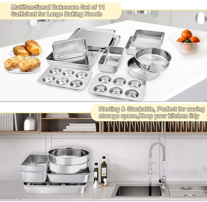 TeamFar Stainless Steel Bakeware Set of 11, Toaster Oven Baking Pan Set, Lasagna Pan, Square & Round Cake Pan, Loaf Pan & Muffin Pan, Healthy & Heavy Duty, Dishwasher Safe & Smooth