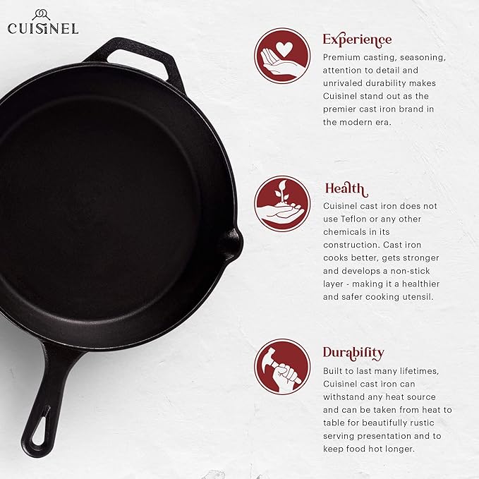Cast Iron Skillet - 10"-Inch Frying Pan with Pour Spouts + Pan Scraper + Silicone Grip Handle Cover Holder - Pre-Seasoned Oven Cookware - Indoor/Outdoor Use - Stovetop, Induction. PFAS and PFOA-free