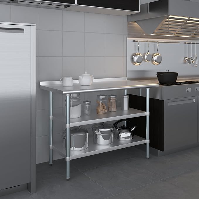 AmGood Stainless Steel Work Table with 1.5" Backsplash and 2 Shelves | NSF (48" Long x 24" Deep)