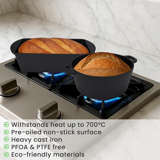 QuliMetal Cast Iron Cookware Set, 2-Piece Pre-Seasoned – 3.2QT Oval Bread Pan & 5QT Dutch Oven with Sourdough Starter Kit, Heavy Duty Cast Iron Bakeware for Artisan Bread, Home Cooking & Baking