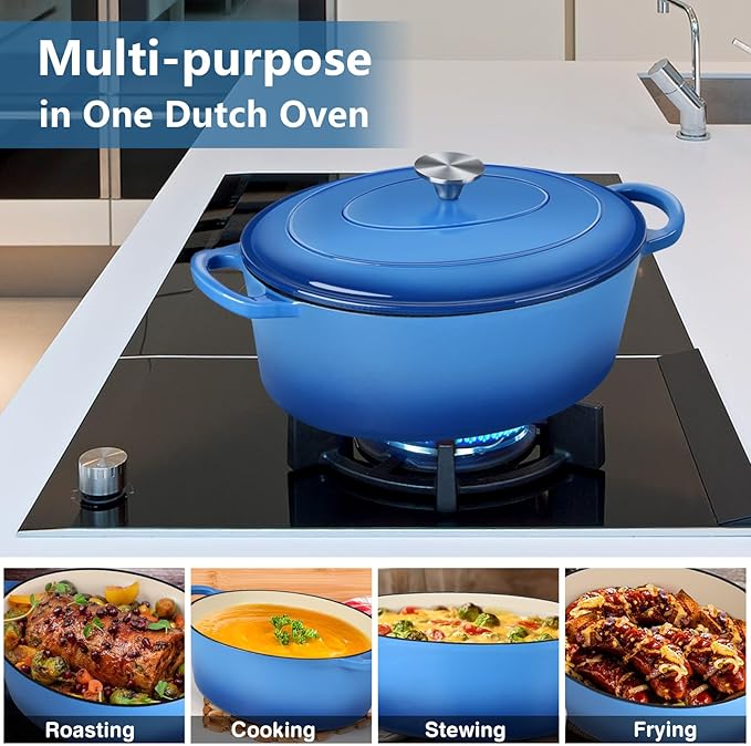 P&P CHEF Oval Dutch Oven with Lid, Enameled Cast Dutch Oven Pot for Bread Baking, Braising, Stewing, Roasting, Non-Stick & Oven Safe, Dual Handles & Easy Clean, 7QT & Blue, Valentine's Day