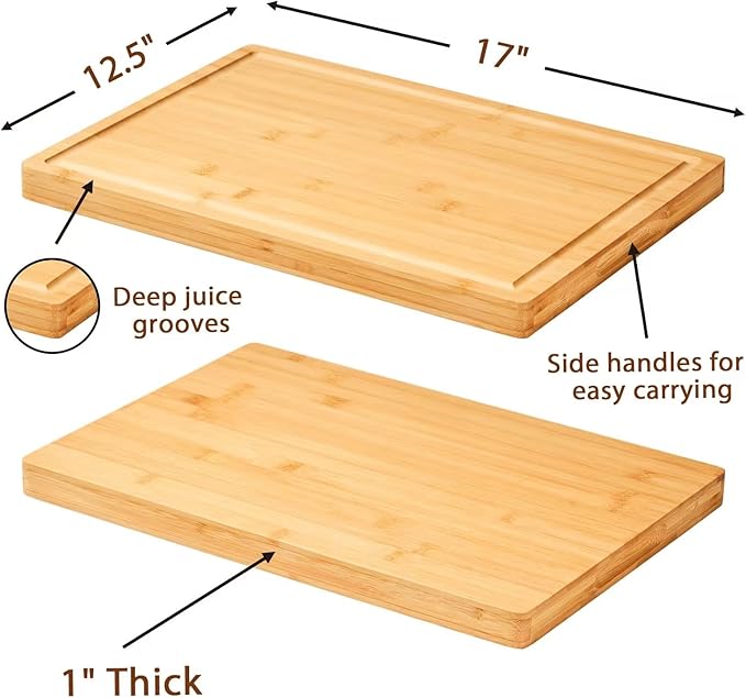Large Bamboo Wood Cutting Boards for Kitchen, 1" Thick Charcuterie Boards, Butcher Block with Juice Grooves & Handles