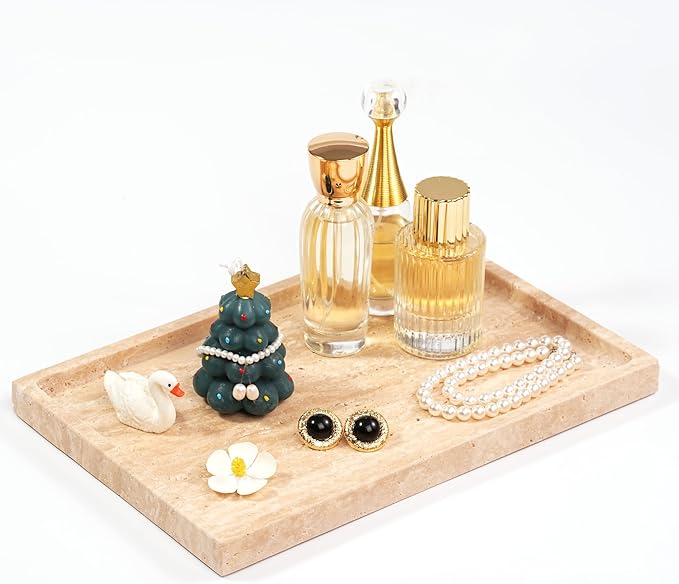 Large Travertine Marble Tray - Square Decorative Stone Vanity Perfume Plates for Bathroom Accessories Coffee Table Bar, Dresser Dish for Kitchen Countertop (11.8" x 7.9" x 0.8")