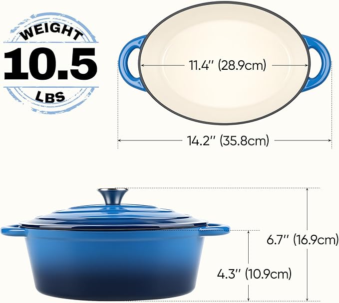 Oval Dutch Oven for Bread Baking, 4.5 Quart Non Stick Enameled Cast Iron Dutch Oven Pot with Lid, Oven Safe Oval Casserole with Lid up to 500°F for Baking, Braising, Stews, Roasting (Blue)