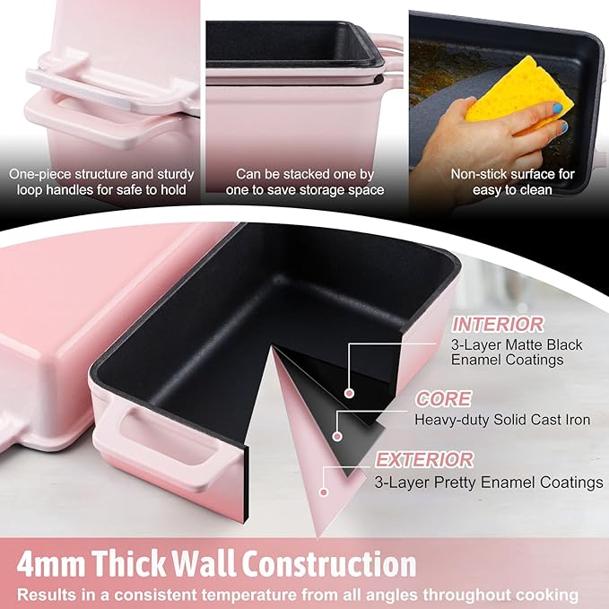 P&P CHEF 2-In-1 9 x 5 Inch Cast Iron Loaf Pan with Lid (Pink), Bread Loaf Pans for Baking Homemade Sourdough Bread, Meatloaf, Toast, Cake, Nonstick & Healthy & Sturdy, 2 Piece Set
