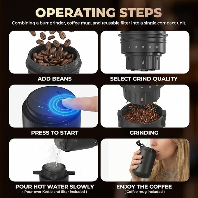 HAUSHOF Portable Coffee Maker, Travel Coffee Maker Battery Operated Small Pour Over Set, Compact Coffee Maker with Electric Grinder & Insulated Mug for Travel, Camping, Car