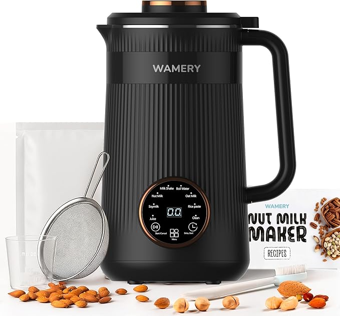 Wamery 32oz Nut Milk Maker Machine (Black) - Soy Milk Maker for Almond & Oat, Automatic Heated Programs, Self‑Cleaning, Delay Start, Keep Warm & Boil Water, 1‑Liter Capacity with Starter Accessories