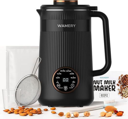 Wamery 32oz Nut Milk Maker Machine (Black) - Soy Milk Maker for Almond & Oat, Automatic Heated Programs, Self‑Cleaning, Delay Start, Keep Warm & Boil Water, 1‑Liter Capacity with Starter Accessories