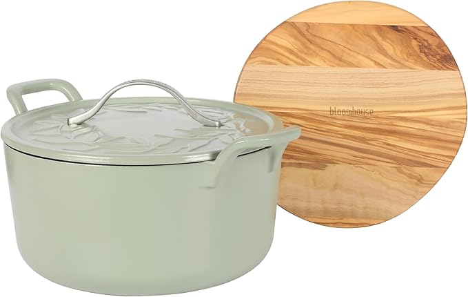 Bloomhouse - Two Time Oprah's Favorite Things Winner - 7 Qt Cast Iron Dutch Oven W/Embossed Lid, European Enamel, & Olive Wood Trivet - Matte Sage