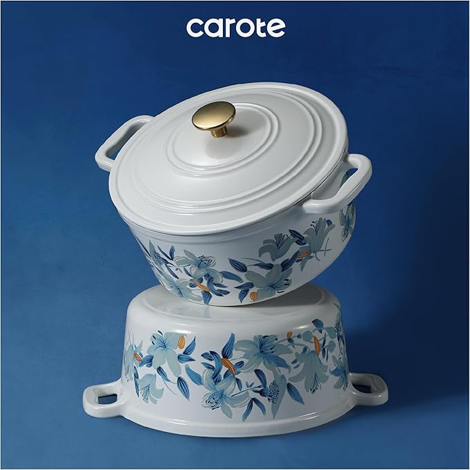 CAROTE 5 QT Cast Iron Dutch Oven Pot with Lid, Enameled Floral Dutch Ovens with Cotton Potholders & Oven Gloves, Gift Box, Cast Iron Pot for Sourdough Bread Baking, Braising, Stews, Roasting, Dual Handles, All Stovetop Compatible, Oven Safe up to 500° ...