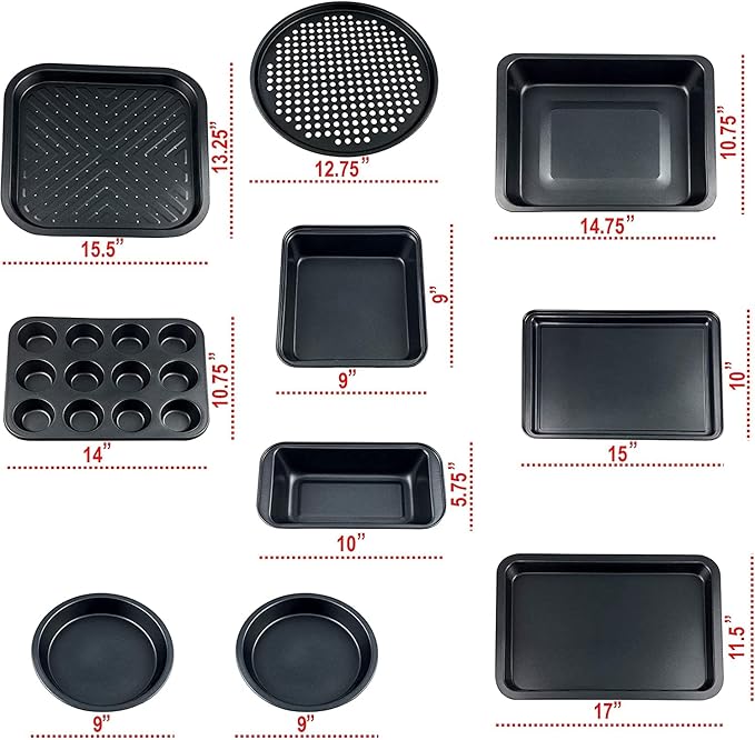 PERLLI Non-Stick 10-Piece Bakeware Set – Carbon Steel with Even Heat Distribution, Oven Safe to 446°F, BPA-Free, Dishwasher Safe, Stackable Baking Tools for Easy Storage and Everyday Cooking - Gray