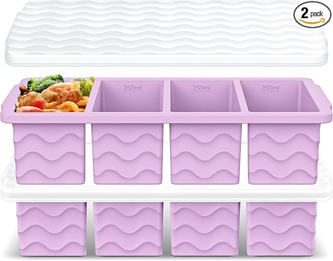 Doasuwish Silicone Freezer Tray for Soup with Lid – 1-Cup Soup Container Cube Style Ice Cube Trays for Freezer, Meal Prep & Food Storage, Freeze 250mL/125mL Portions – 2 Pack