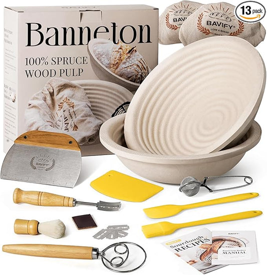 Sourdough Starter Kit, 9" Round 1KG Wood Pulp Banneton Bread Proofing Baskets Set, Sourdough Bread Baking Supplies Making Tools with Dough Scraper, Whisk, Bread Lame, Recipe