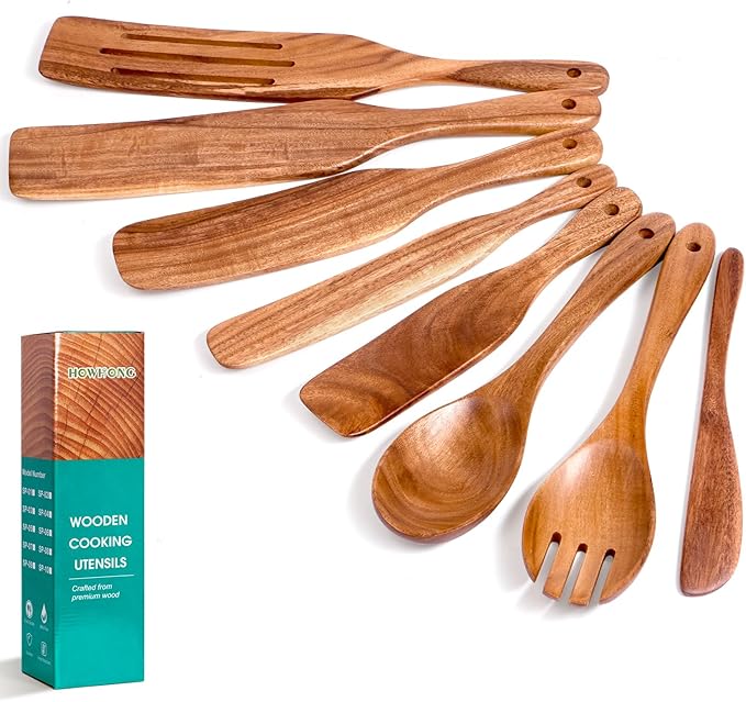 Wooden Spurtle Set for Cooking, Acacia Wood Kitchen Utensils, Premium Handmade Spurtles for Nonstick Cookware, Heat Resistant, Smooth Finish, Comfortable Grip, 8 Piece