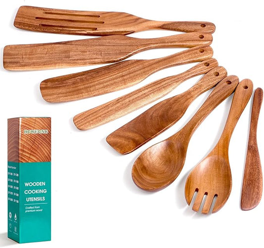 Wooden Spurtle Set for Cooking, Acacia Wood Kitchen Utensils, Premium Handmade Spurtles for Nonstick Cookware, Heat Resistant, Smooth Finish, Comfortable Grip, 8 Piece