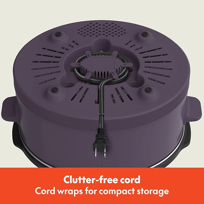 bella 6.0 Qt Manual Slow Cooker, Ceramic Nonstick Coating, 3 Temperature Settings, Dishwasher Safe Stoneware Pot and Tempered Glass Lid, Cool Touch Handles & Tangle Free Cord Wrap, Plum